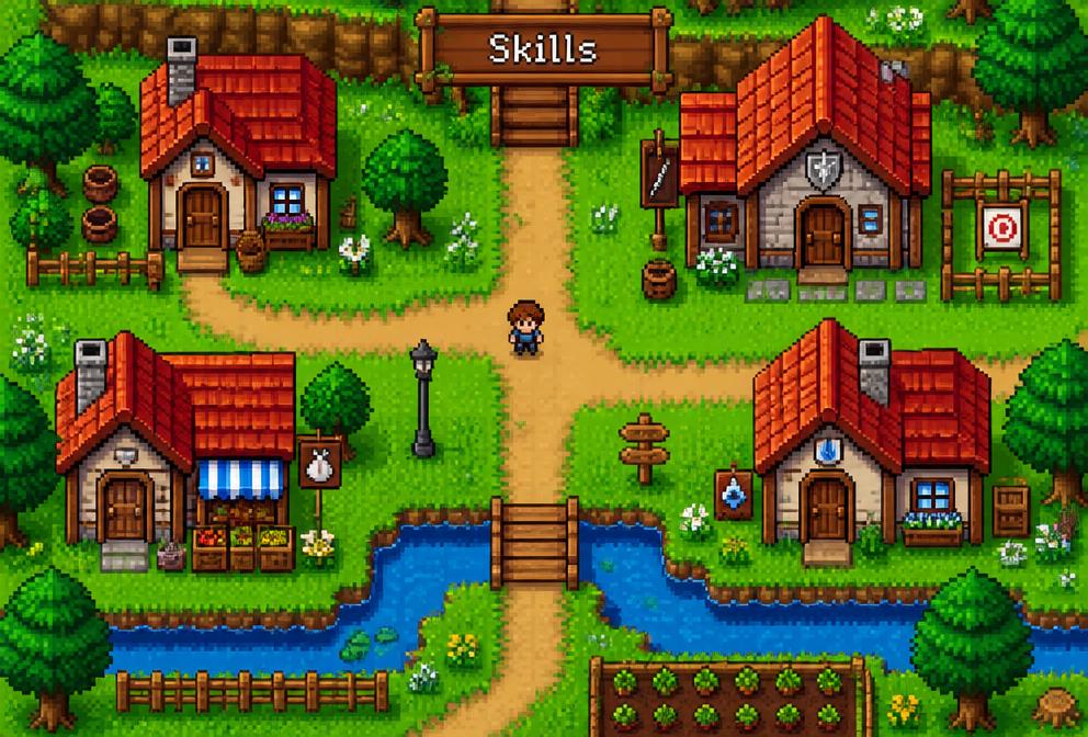 Pixel-art village of skill houses with a wooden Skills sign