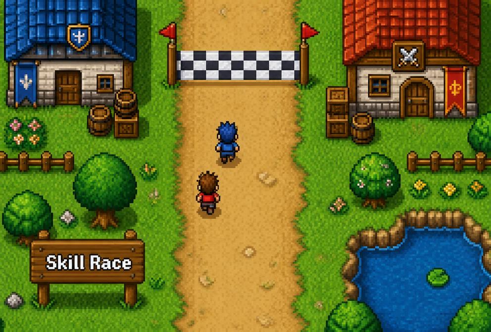 Two pixel characters racing on a dirt track toward a finish line